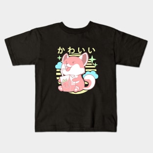 Kawaii Aesthetics Japanese Strawberry Milk Shake かわいい Fox - Pink - Strawberry Milk Kids T-Shirt